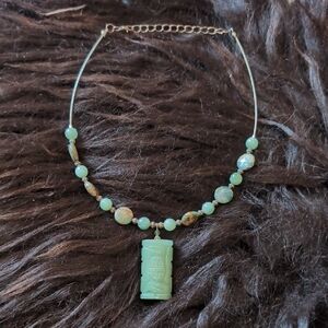 Green Beaded Necklace with Carved Jade-Style Pendant for Women